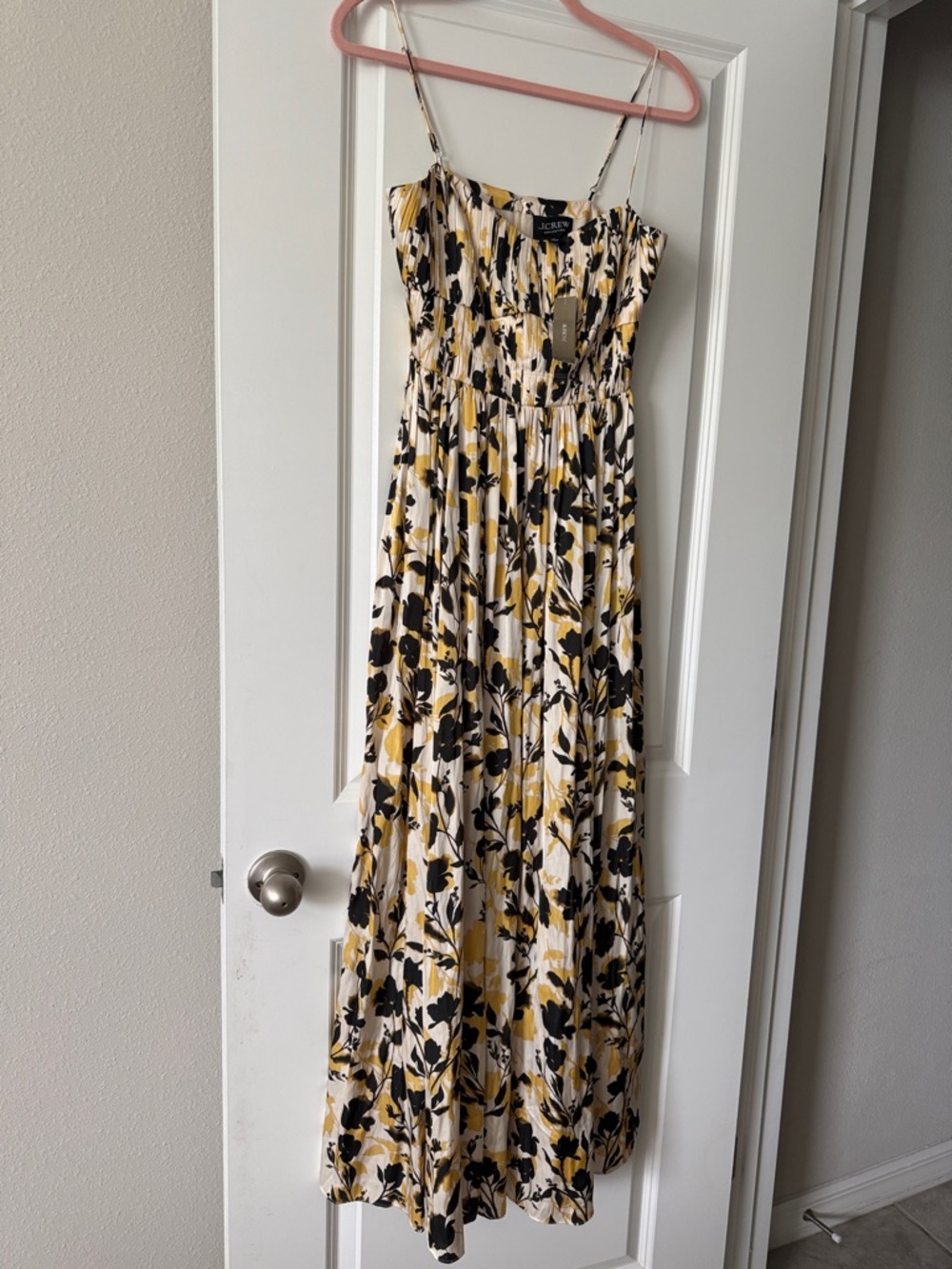 NWT  J. Crew Yellow, Black & Cream Floral Spaghetti-Strap Maxi Dress